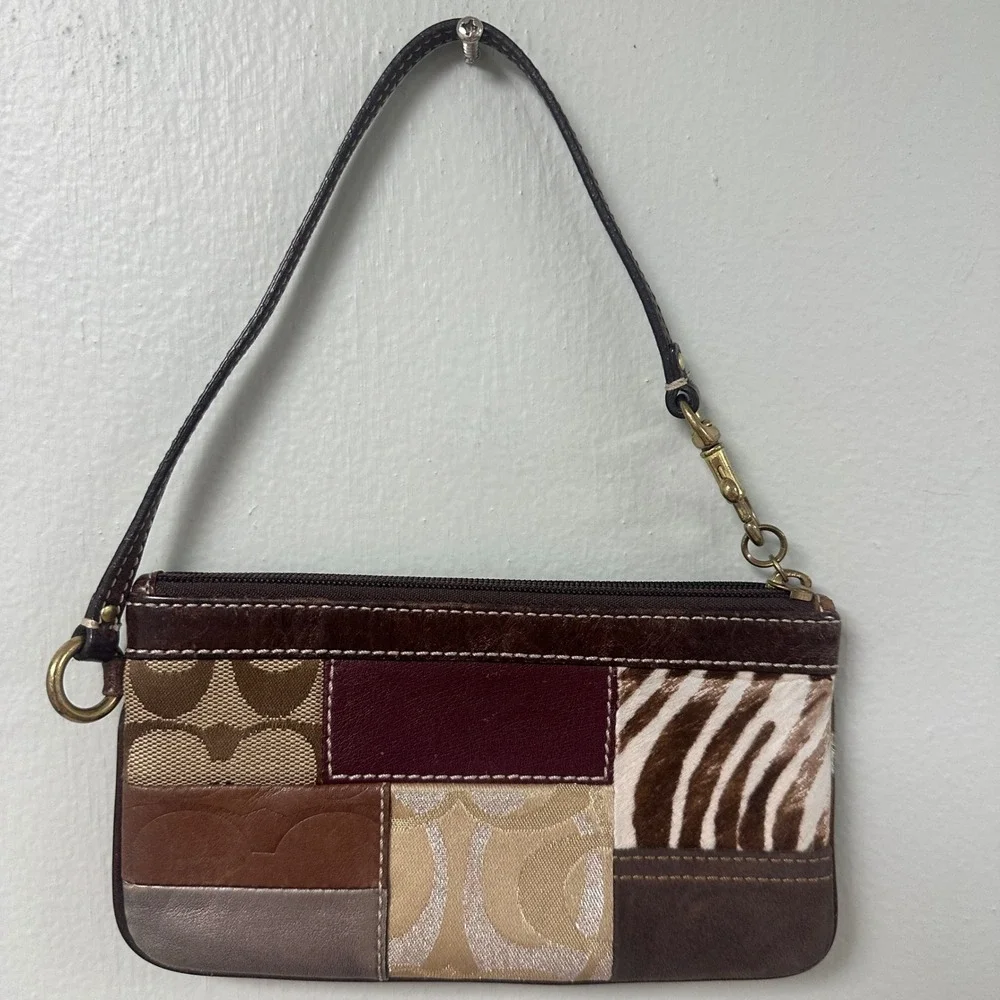 Coach Patchwork Wristlet Bag Leather Suede Zebra Hair Calf Brown Multi
